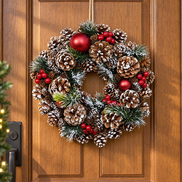 GreenBrokers Christmas Hanging Wreath 32cm Pine Cones with White Frosting D1221
