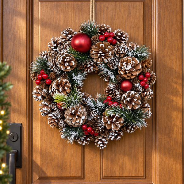 GreenBrokers Christmas Hanging Wreath 32cm Pine Cones with White Frosting D1221