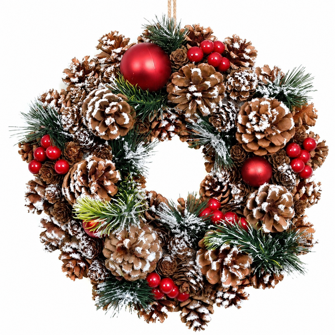 GreenBrokers Christmas Hanging Wreath 32cm Pine Cones with White Frosting D1221