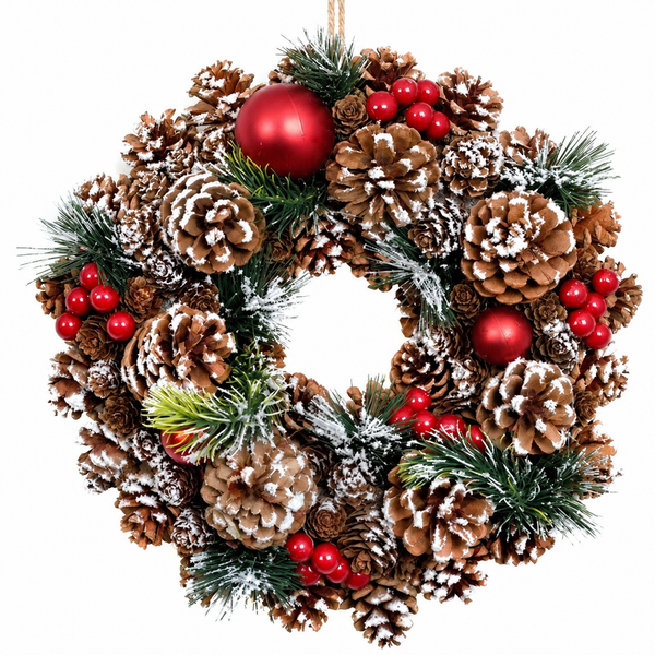 GreenBrokers Christmas Hanging Wreath 32cm Pine Cones with White Frosting D1221