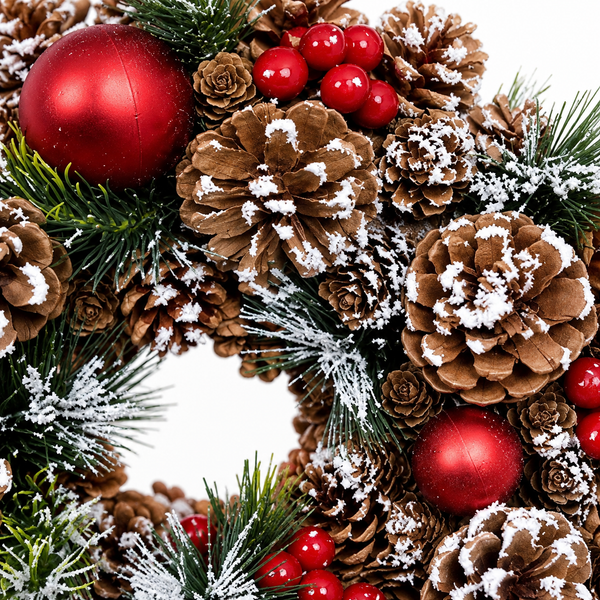 GreenBrokers Christmas Hanging Wreath 32cm Pine Cones with White Frosting D1221