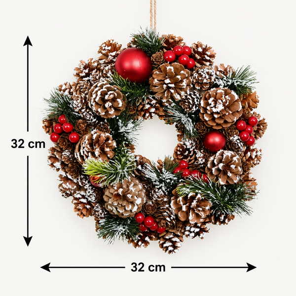 GreenBrokers Christmas Hanging Wreath 32cm Pine Cones with White Frosting D1221