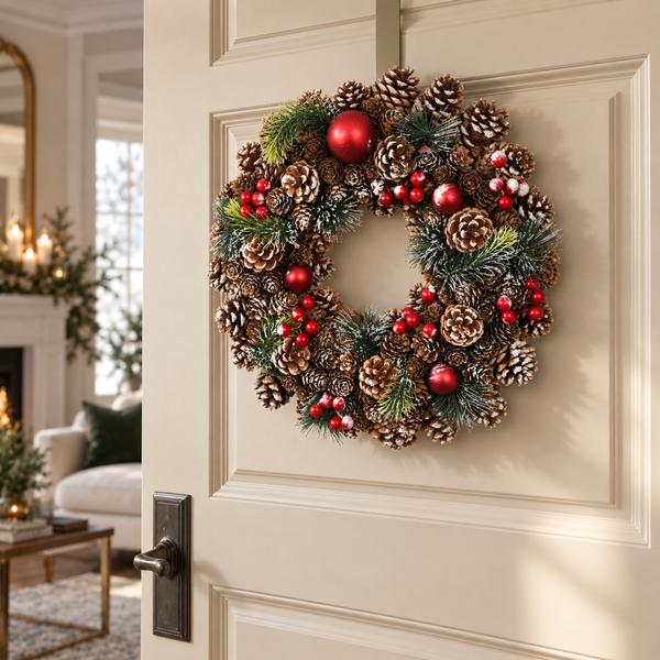 GreenBrokers Christmas Hanging Wreath 37cm Pine Cones with White Frosting D1222