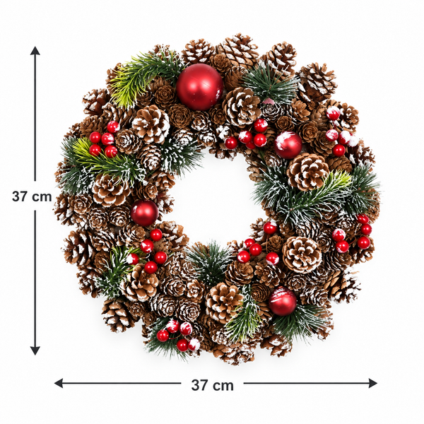 GreenBrokers Christmas Hanging Wreath 37cm Pine Cones with White Frosting D1222