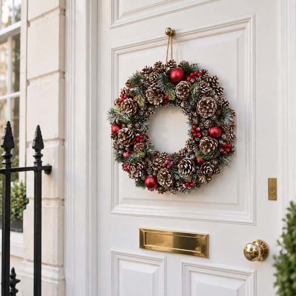 GreenBrokers Christmas Hanging Wreath 48cm Pine Cones with White Frosting D1223