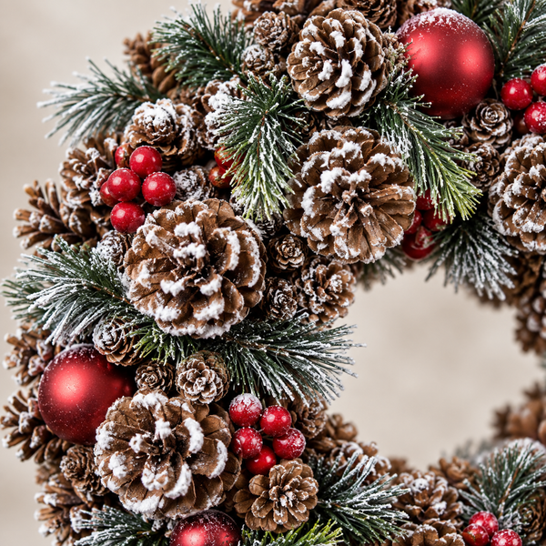 GreenBrokers Christmas Hanging Wreath 48cm Pine Cones with White Frosting D1223