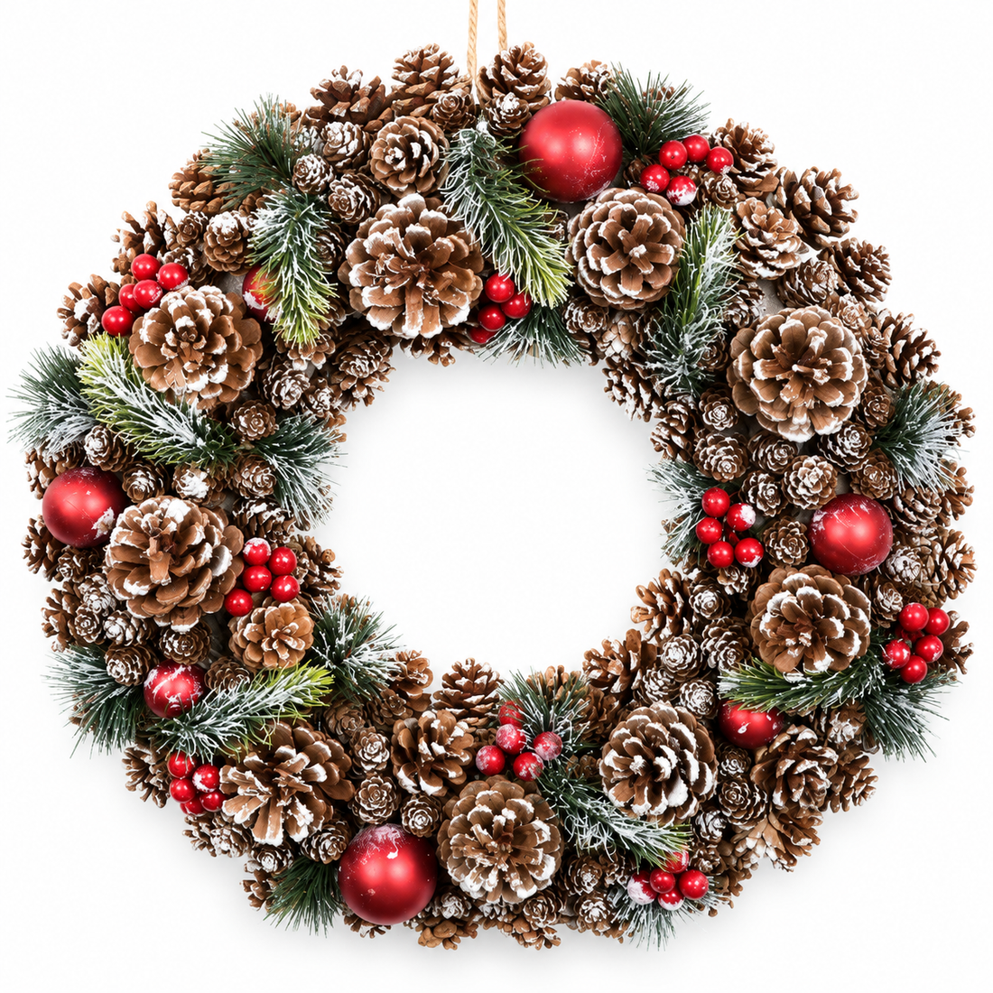 GreenBrokers Christmas Hanging Wreath 48cm Pine Cones with White Frosting D1223