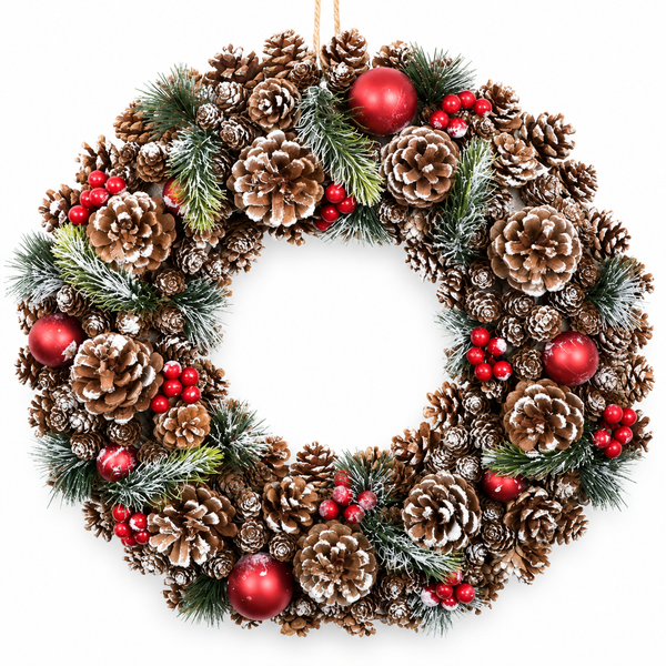 GreenBrokers Christmas Hanging Wreath 48cm Pine Cones with White Frosting D1223