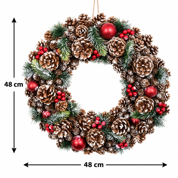 GreenBrokers Christmas Hanging Wreath 48cm Pine Cones with White Frosting D1223