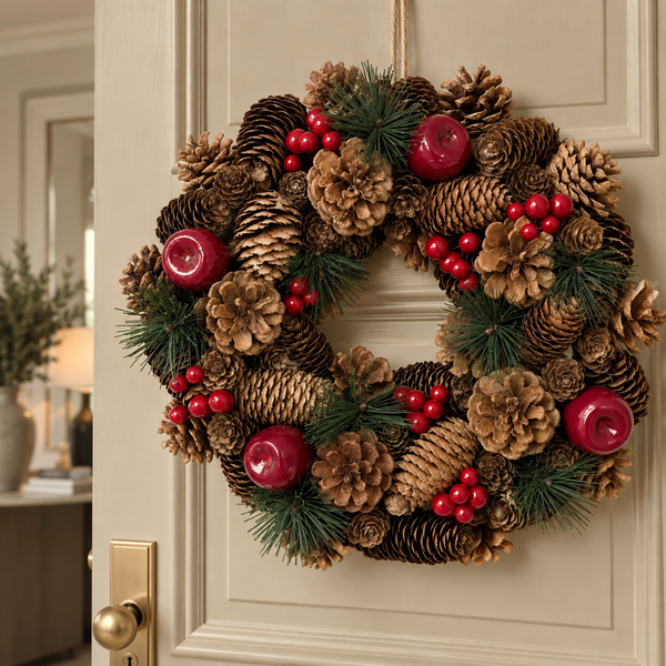 GreenBrokers Christmas Hanging Wreath 32cm Festive Pine Cones & Red Berries D1224