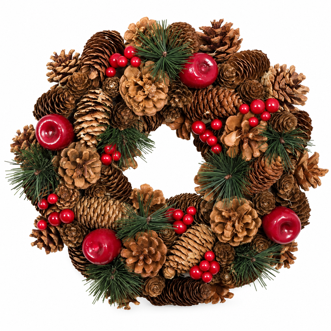 GreenBrokers Christmas Hanging Wreath 32cm Festive Pine Cones & Red Berries D1224