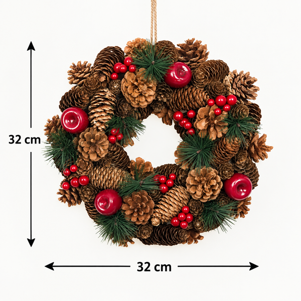 GreenBrokers Christmas Hanging Wreath 32cm Festive Pine Cones & Red Berries D1224