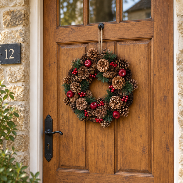 GreenBrokers Christmas Hanging Wreath 37cm Festive Pine Cones & Red Berries D1225