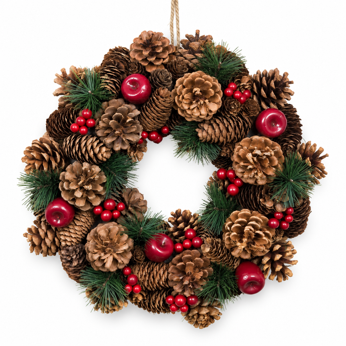 GreenBrokers Christmas Hanging Wreath 37cm Festive Pine Cones & Red Berries D1225