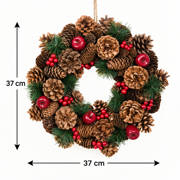 GreenBrokers Christmas Hanging Wreath 37cm Festive Pine Cones & Red Berries D1225