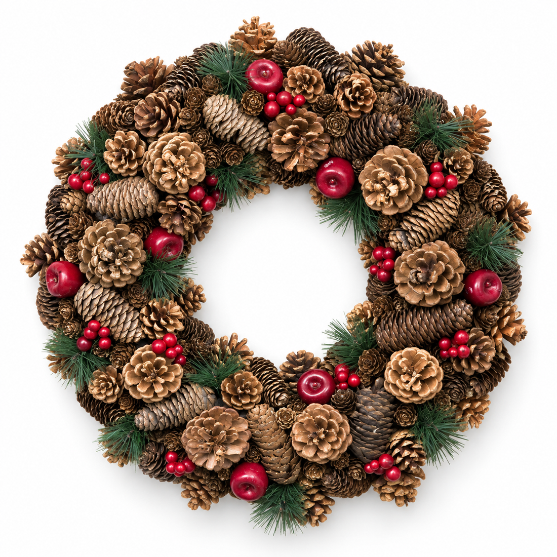 GreenBrokers Christmas Hanging Wreath 48cm Festive Pine Cones & Red Berries D1226
