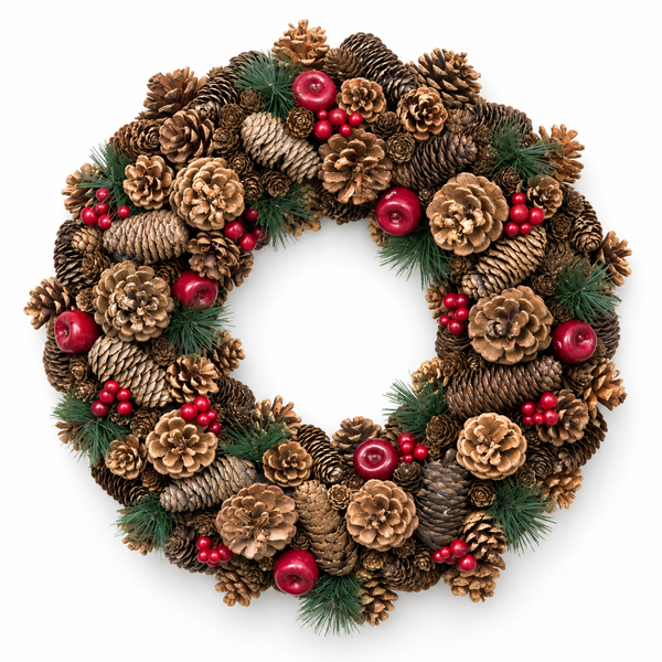 GreenBrokers Christmas Hanging Wreath 48cm Festive Pine Cones & Red Berries D1226
