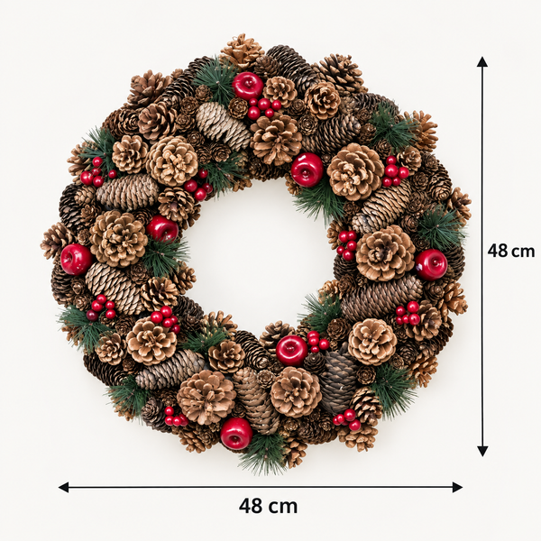 GreenBrokers Christmas Hanging Wreath 48cm Festive Pine Cones & Red Berries D1226