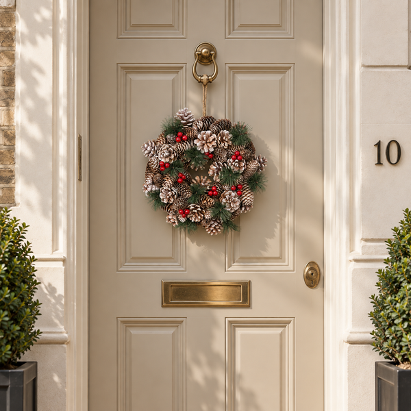 GreenBrokers Christmas Hanging Wreath 30cm Pine Cones Berries Subtle Frosting D1227