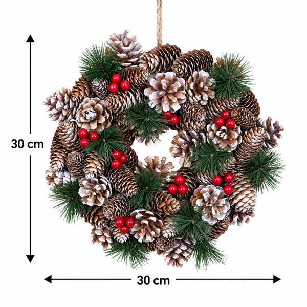 GreenBrokers Christmas Hanging Wreath 30cm Pine Cones Berries Subtle Frosting D1227
