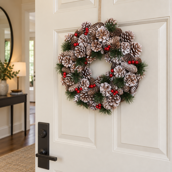 GreenBrokers Christmas Hanging Wreath 38cm Pine Cones Berries Subtle Frosting D1228