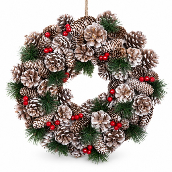 GreenBrokers Christmas Hanging Wreath 38cm Pine Cones Berries Subtle Frosting D1228