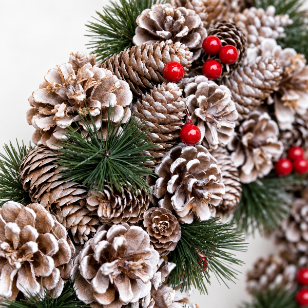 GreenBrokers Christmas Hanging Wreath 38cm Pine Cones Berries Subtle Frosting D1228