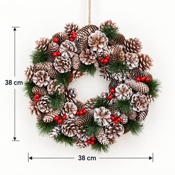 GreenBrokers Christmas Hanging Wreath 38cm Pine Cones Berries Subtle Frosting D1228