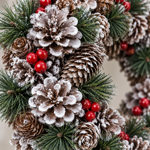 GreenBrokers Christmas Hanging Wreath 48cm Pine Cones Berries Subtle Frosting D1229