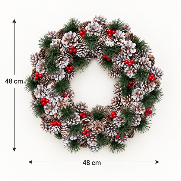 GreenBrokers Christmas Hanging Wreath 48cm Pine Cones Berries Subtle Frosting D1229