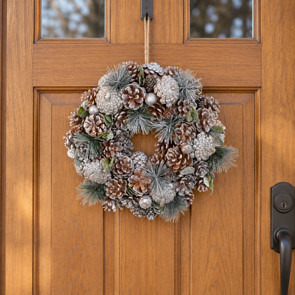 GreenBrokers Christmas Wreath 30cm Silver Pine Cones Fir Sprigs & Baubles D1230