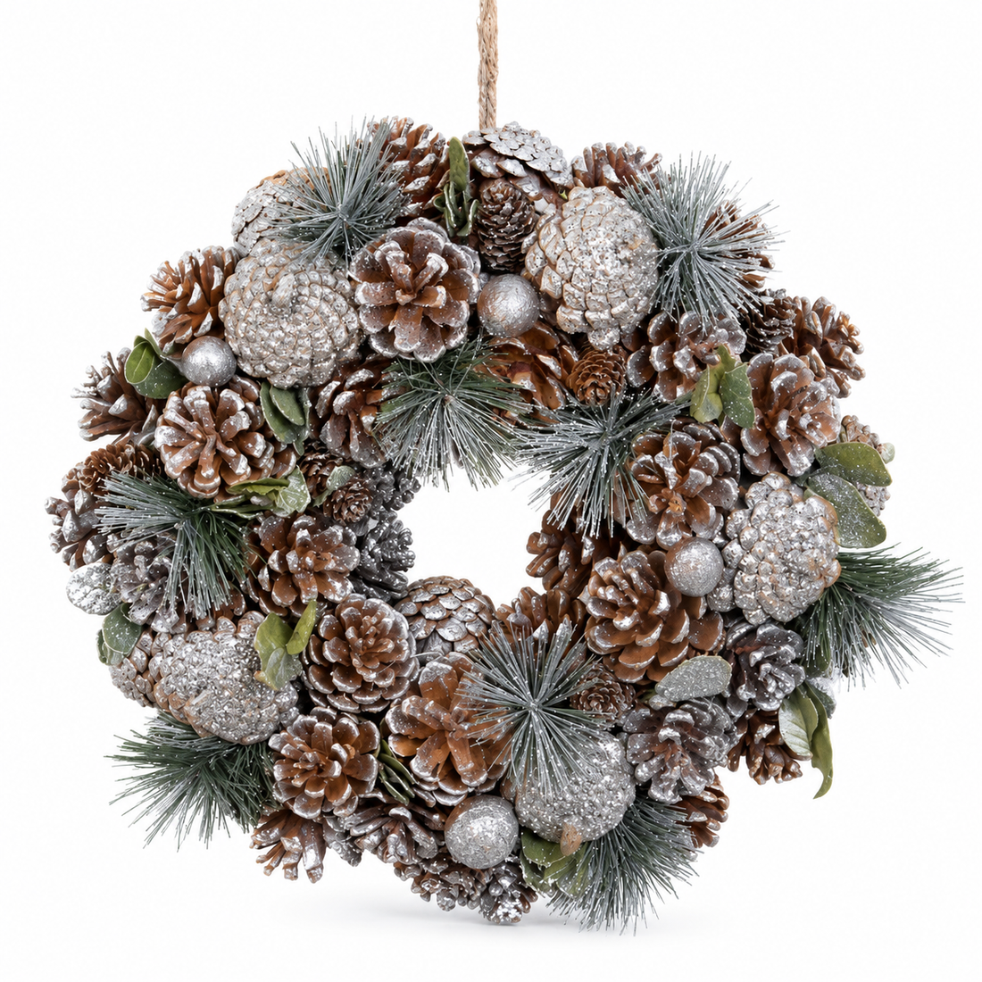 GreenBrokers Christmas Wreath 30cm Silver Pine Cones Fir Sprigs & Baubles D1230