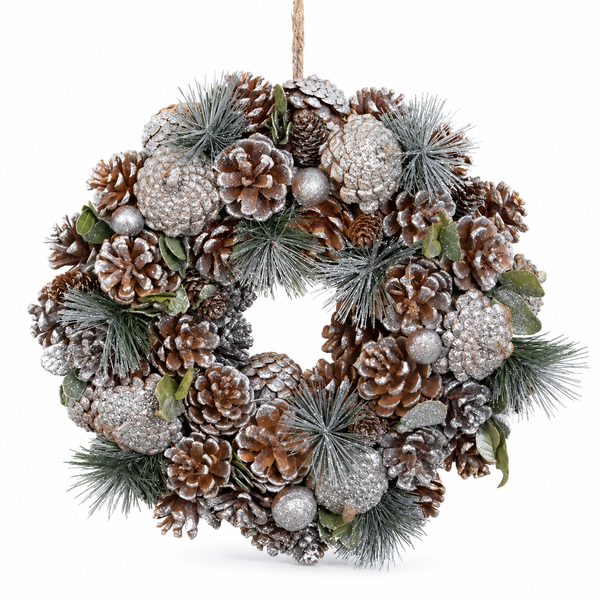 GreenBrokers Christmas Wreath 30cm Silver Pine Cones Fir Sprigs & Baubles D1230