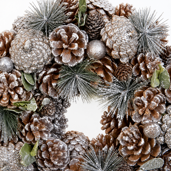 GreenBrokers Christmas Wreath 30cm Silver Pine Cones Fir Sprigs & Baubles D1230
