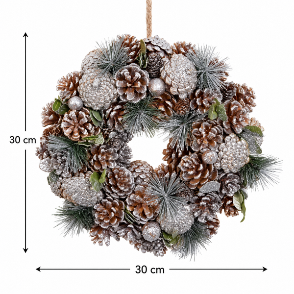 GreenBrokers Christmas Wreath 30cm Silver Pine Cones Fir Sprigs & Baubles D1230