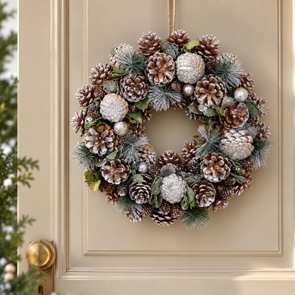 GreenBrokers Christmas Wreath 38cm Silver Pine Cones Fir Sprigs & Baubles D1231