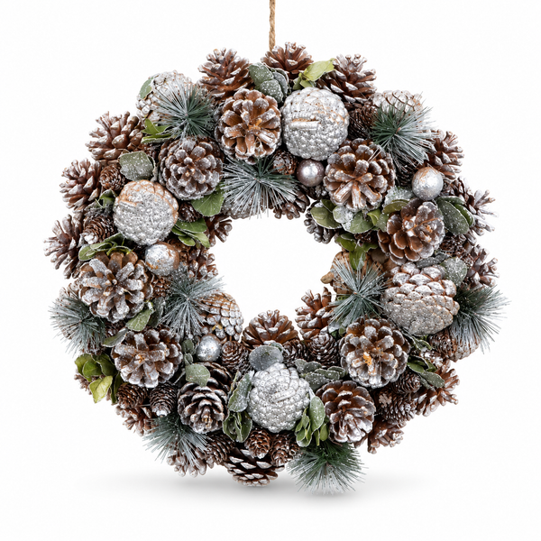 GreenBrokers Christmas Wreath 38cm Silver Pine Cones Fir Sprigs & Baubles D1231