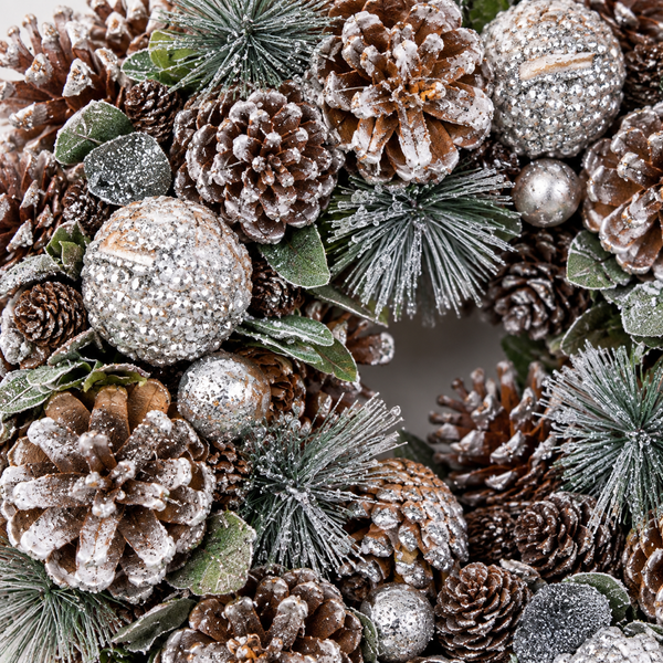GreenBrokers Christmas Wreath 38cm Silver Pine Cones Fir Sprigs & Baubles D1231