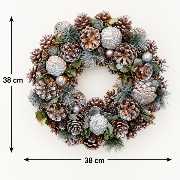GreenBrokers Christmas Wreath 38cm Silver Pine Cones Fir Sprigs & Baubles D1231