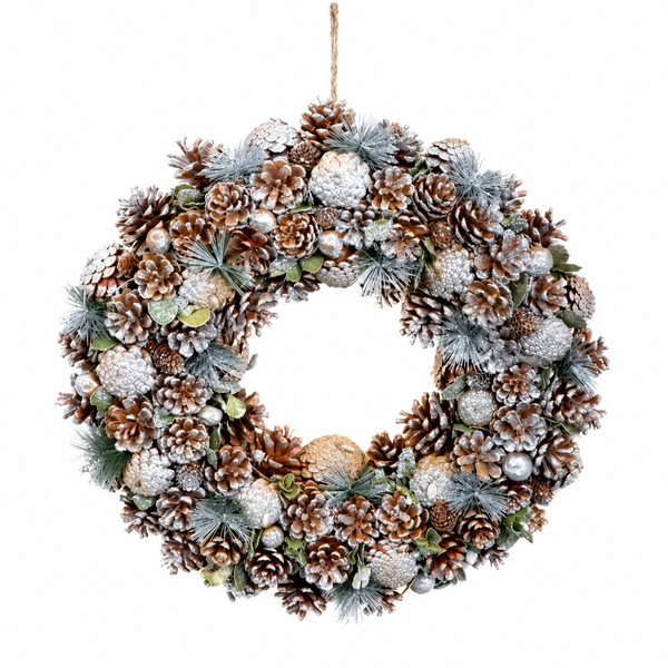 GreenBrokers Christmas Wreath 48cm Silver Pine Cones Fir Sprigs & Baubles D1232