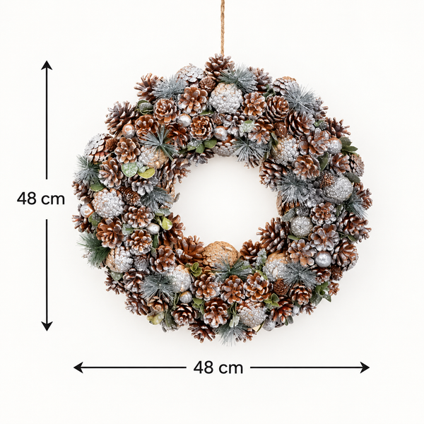 GreenBrokers Christmas Wreath 48cm Silver Pine Cones Fir Sprigs & Baubles D1232