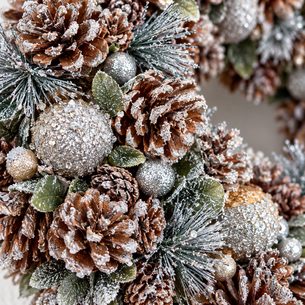 GreenBrokers Christmas Wreath 48cm Silver Pine Cones Fir Sprigs & Baubles D1232