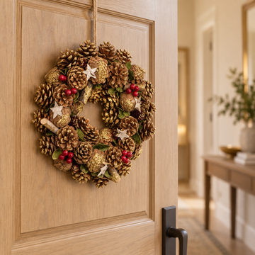 GreenBrokers Christmas Wreath 30cm Gold Pine Cones Red Berries Festive Decor D1236