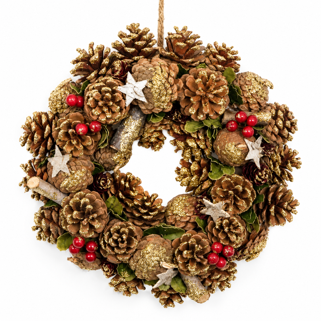 GreenBrokers Christmas Wreath 30cm Gold Pine Cones Red Berries Festive Decor D1236