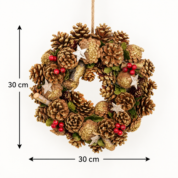 GreenBrokers Christmas Wreath 30cm Gold Pine Cones Red Berries Festive Decor D1236