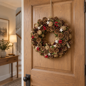 GreenBrokers Christmas Wreath 38cm Gold Pine Cones Red Berries Festive Decor D1237