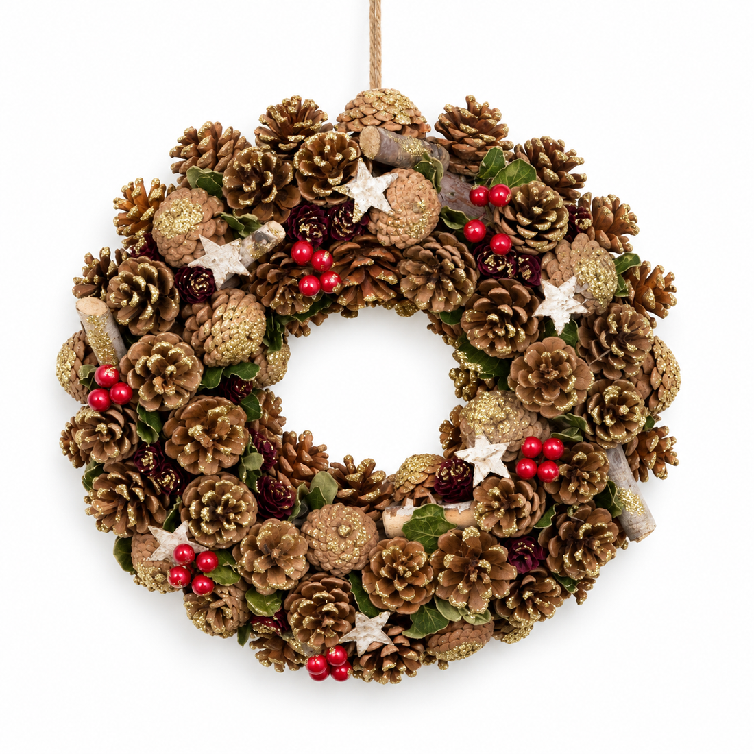 GreenBrokers Christmas Wreath 38cm Gold Pine Cones Red Berries Festive Decor D1237