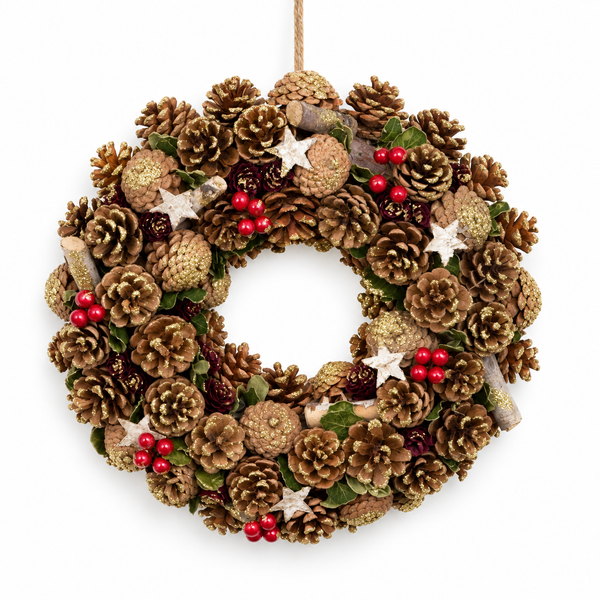 GreenBrokers Christmas Wreath 38cm Gold Pine Cones Red Berries Festive Decor D1237