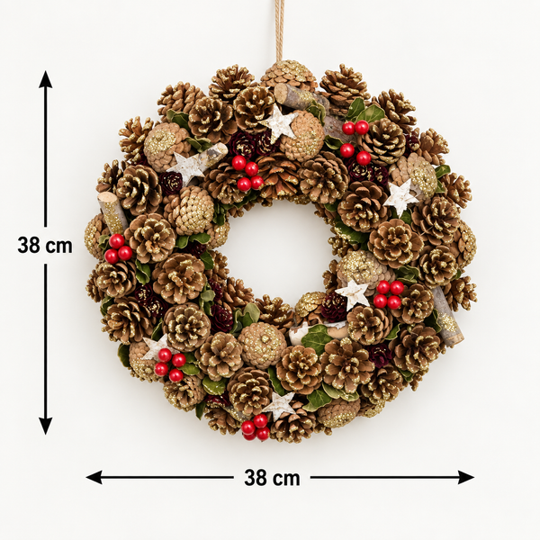 GreenBrokers Christmas Wreath 38cm Gold Pine Cones Red Berries Festive Decor D1237