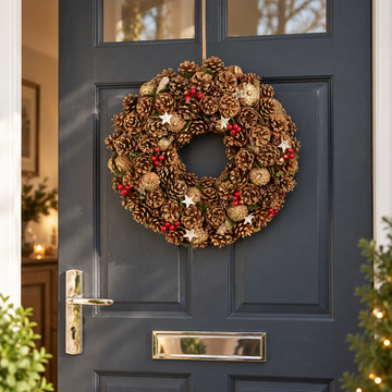 GreenBrokers Christmas Wreath 48cm Gold Pine Cones Red Berries Festive Decor D1238